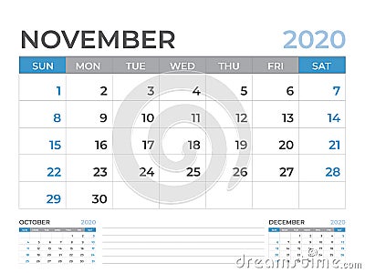 November 2020 Calendar template, Desk calendar layout Size 8 x 6 inch, planner design, week starts on sunday, stationery design Vector Illustration