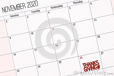 November 2020 calendar with thanksgiving text on th 26th of november. Stock Photo