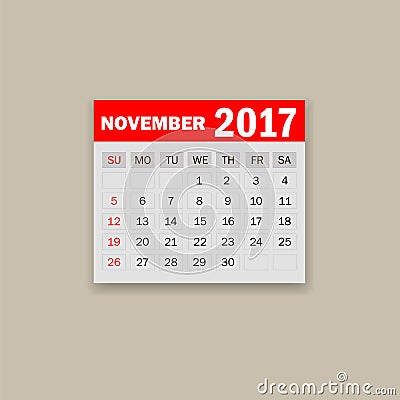 November 2017. Calendar. Vector Illustration