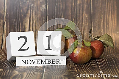 November 21. Day 21 of month. Calendar cube on wooden background with red apples, concept of business and an important event. Stock Photo