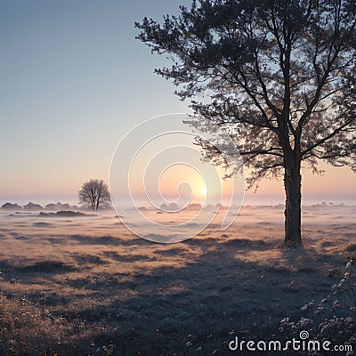 November dreamy frosty morning. Beautiful autumn misty cold sunrise landscape in blue tones. Fog and hoary frost at Stock Photo