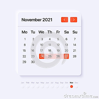November month Calendar. UI template. Gradient red pickers. neumorphism style widget. Vector Illustration