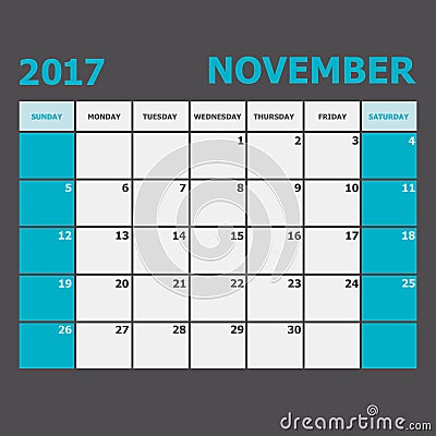 November 2017 November calendar week starts on Sunday Vector Illustration