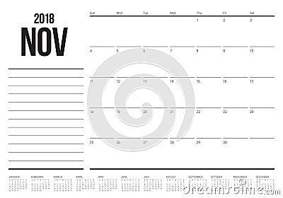 November 2018 planner calendar vector illustration Vector Illustration