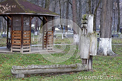 Wood carvings at Sighetul Marmatiei, Romania Editorial Stock Photo