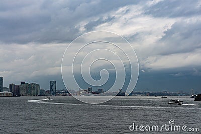November 2018 - Skyline of Manhattan, New York City, view from Liberty Island, ferry boat on the ocean Stock Photo