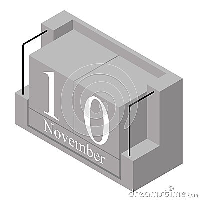 November 10th date on a single day calendar. Gray wood block calendar present date 10 and month November isolated on white Vector Illustration