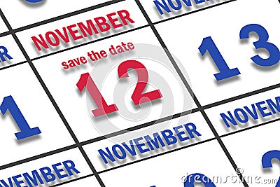 november 12th. Day 12 of month, Date marked Save the Date on a calendar. autumn month, day of the year concept Stock Photo