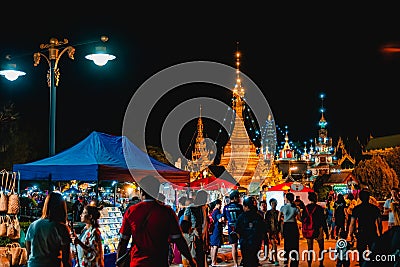 2019 November 22th, Mae Hong Son, Thailand. - Scene of night market around Wat Chong Kham Editorial Stock Photo