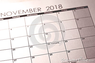 November 22. Thanksgiving in United States 2018 in selective focus on calendar. Stock Photo