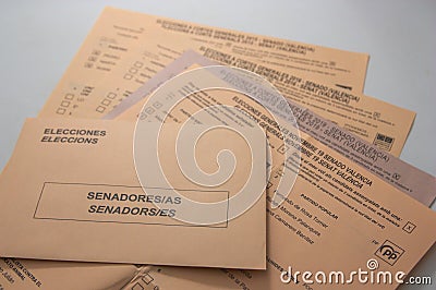 Ballots and envelope for the election of the Spanish Senate for different years Editorial Stock Photo