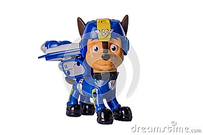 7 November 2019, Voronezh, Russia. Macro photography of Paw Patrol character on a white background. Popular child cartoons around Editorial Stock Photo