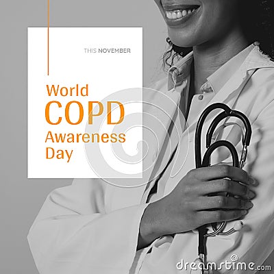 This november, world copd awareness day text and biracial female doctor holding stethoscope Stock Photo