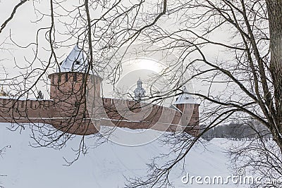 Russia, Veliky Novgorod, February 25, 2018: The Novgorod Kremlin in winter Editorial Stock Photo