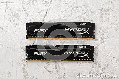 Novi Sad, Serbia - October 27, 2020: Random access memory RAM HyperX Fury DDR4 on white concrete wall Editorial Stock Photo