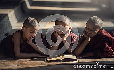 Novice monk reading book Stock Photo