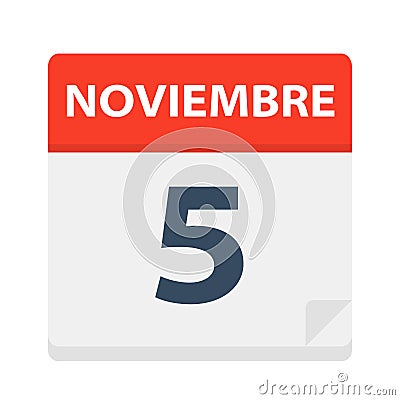 Noviembre 5 - Calendar Icon - November 5. Vector illustration of Spanish Calendar Leaf Stock Photo