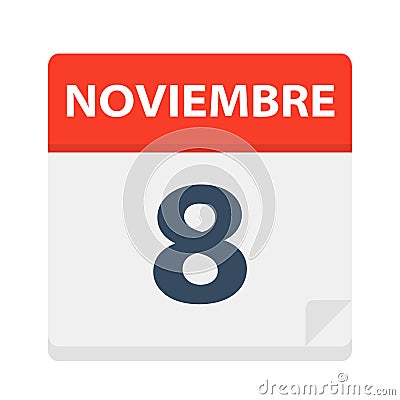 Noviembre 8 - Calendar Icon - November 8. Vector illustration of Spanish Calendar Leaf Stock Photo