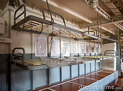 Hanging beds in a sailor`s cockpit, the cruiser `Mikhail Kutuzov` Editorial Stock Photo