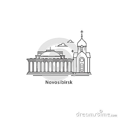 Novosibirsk logo isolated on white background. Novosibirsk s landmarks line vector illustration. Traveling to Russia Vector Illustration