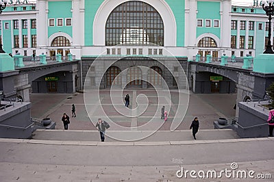 People walk the stairs leading to the entrance to the lower level of the main railway station 1939 from the Railway Station Editorial Stock Photo