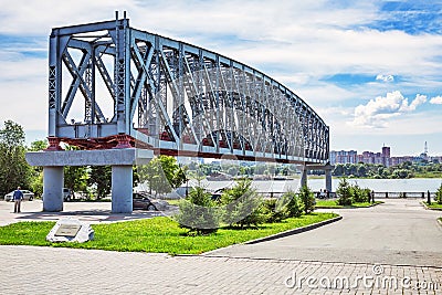 Span construction of the first railway bridge over the Ob river Editorial Stock Photo