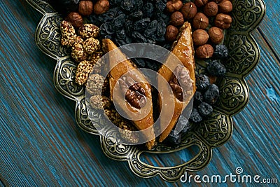Novruz tray with Azerbaijan national pastry pakhlava Stock Photo