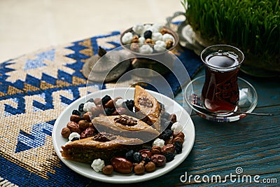 Novruz tray plate with Azerbaijan national pastry pakhlava Stock Photo