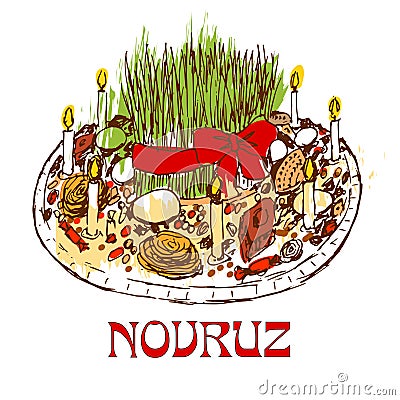 Novruz tray with sweets and candles. Vector Illustration