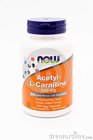 Now Foods, Acetyl-L-Carnitine, 500 mg, 100 Veg Capsules. Isolated on white background. Vertical shot Editorial Stock Photo