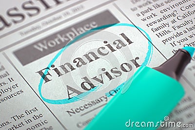 Now Hiring Financial Advisor. 3D. Stock Photo