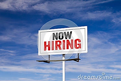 Now Hiring Message on Billboard Stock Photo