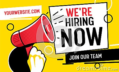 Now Hiring Vacancy Concept Poster Template. Outsource Team Hire Creative Employee. Career Promotion with Red Loudspeaker Vector Illustration