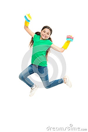 Now i am free. cleaning is finished. Kid cleaning at home. small girl well done. sponge helpful for cleaning. happy kid Stock Photo