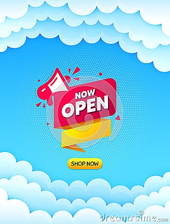 Now open banner. Announcement notice tag. Vector Stock Photo