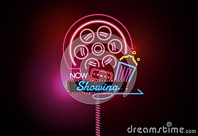 Now open glowing neon and bulb sign cinema movie theater vector Vector Illustration