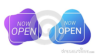 Now open, notice, announcement, sign. Text label for opening shops, restaurants, cafes for people to visit. Vector Vector Illustration