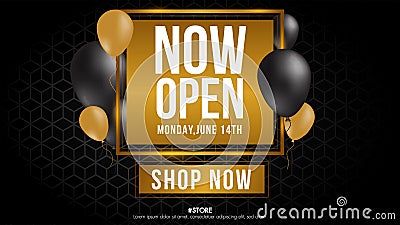 Now open shop or new store gold and grey color luxury sign on black background.Template design crown and falling gold confetti Vector Illustration