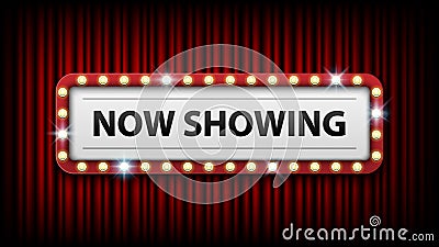 Now showing with electric bulbs frame on red curtain background Vector Illustration