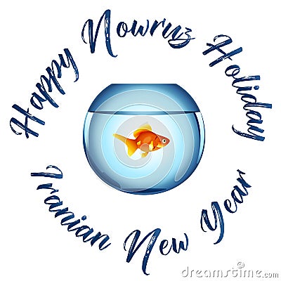 Nowruz greeting. Iranian new year. Aquarium with goldfish. Vector Illustration