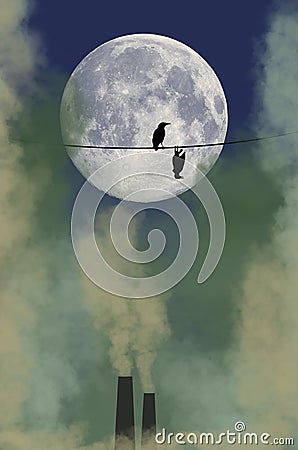 Noxious smoke is seen at night. Birds, one alive, one dead are on a wire in front of the moon Cartoon Illustration