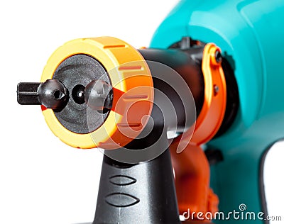 Nozzle of an electrical spray gun close up on a white background Stock Photo