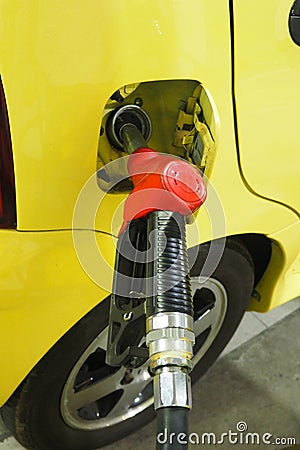 Nozzle fuel Gasohol serving in to the car and focus select at ha Stock Photo