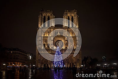 Notre Dame de Paris Cathedral at night with the traditional Christmas tree in front. Editorial Stock Photo