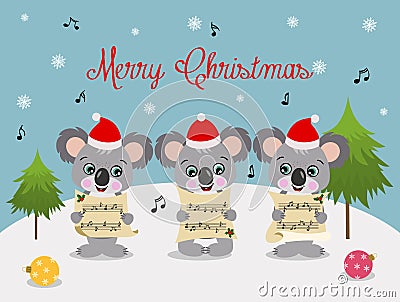 Three cute koalas chorus singing Christmas songs Vector Illustration