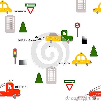 Seamless pattern: transport: cars, firefighters, truck, signs, houses, trees on a white background. Flat vector. Vector Illustration