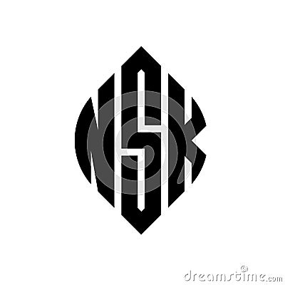 NSK circle letter logo design with circle and ellipse shape. NSK ellipse letters with typographic style. The three initials form a Vector Illustration