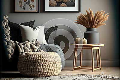 nterior design of living room with stylish pouf, carpet decor, slippers, picture frame, pillow, blanket, ethno rattan basket with Stock Photo