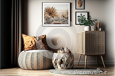 nterior design of living room with stylish pouf, carpet decor, slippers, picture frame, pillow, blanket, ethno rattan basket with Stock Photo