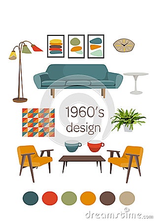 Nterior design 1960. mid century modern furniture. vector elements set. Vector Illustration